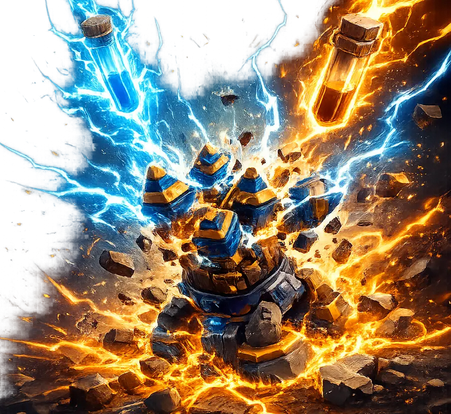 Lightning and Earthquake spells colliding with blue and orange energy bursts