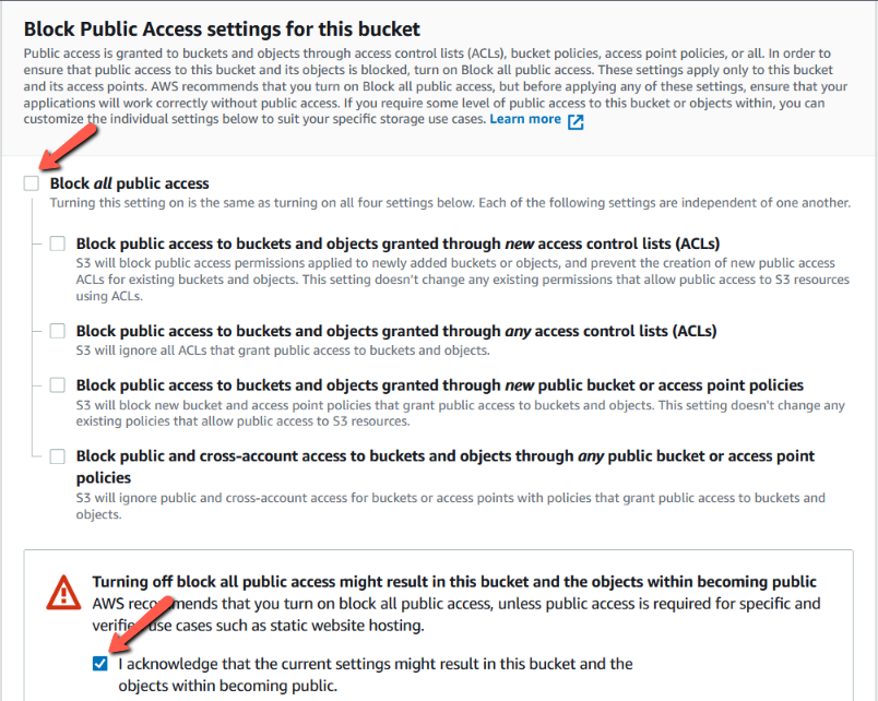 AWS > Create bucket > Block Public Access settings for this bucket