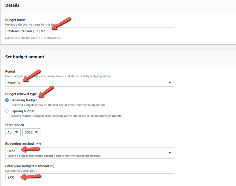 Billing Management Console > Budgets > Create budget > Step 1 (Types)