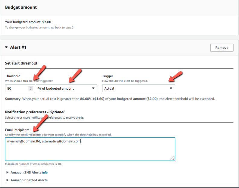 Billing Management Console > Budgets > Create budget > Step 3 (Alert)