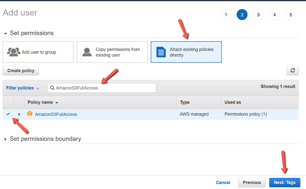 IAM User > Add user > Step 2 (Permissions)