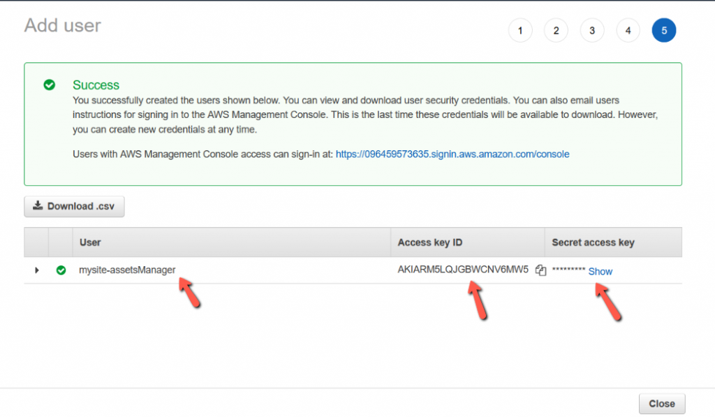 IAM User > Add user > Step 5 (Credential)