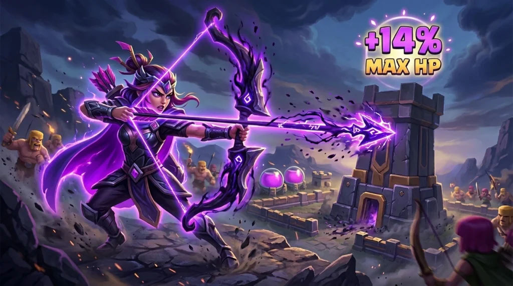 Clash of Clans Archer Queen firing a glowing purple Monolith Arrow at a defense tower, showing +14% MAX HP bonus damage