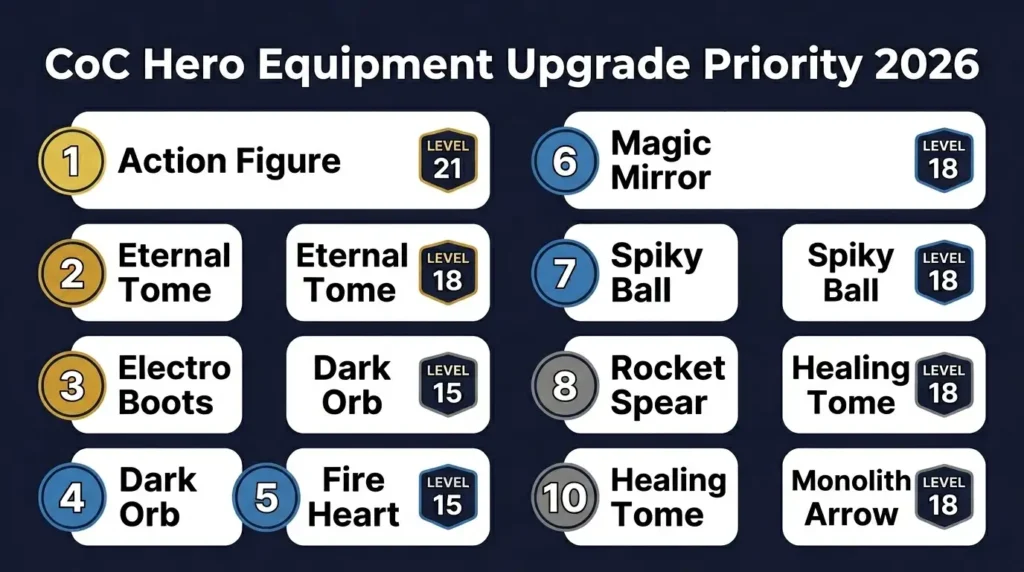 Clash of Clans hero equipment upgrade priority order 2026 - 10 steps from Action Figure Level 21 to Monolith Arrow Level 18