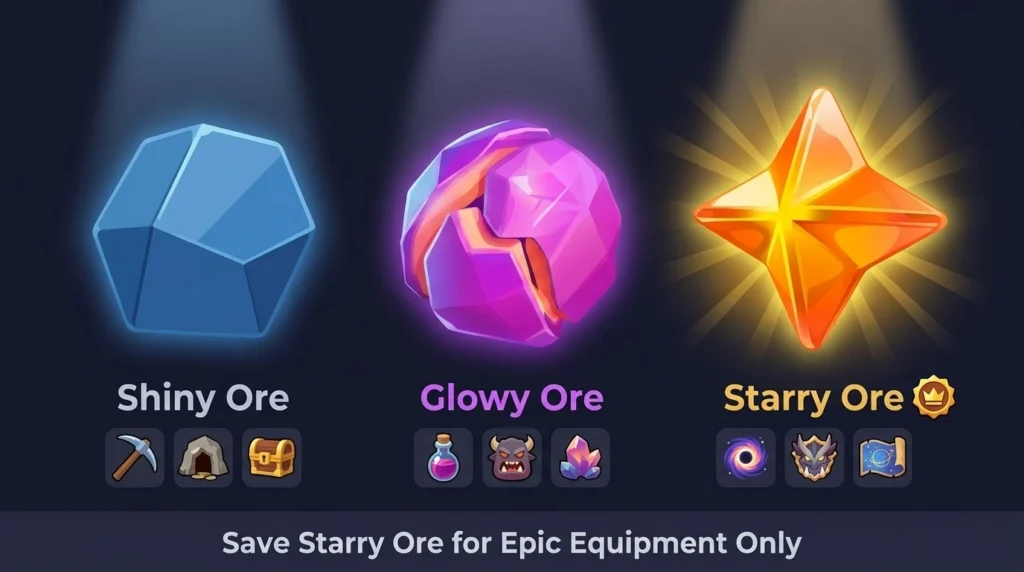 Three Clash of Clans upgrade ores - blue Shiny Ore (hexagonal gem), purple Glowy Ore (rounded crystal), and orange Starry Ore (4-pointed star) — with their drop sources shown below each