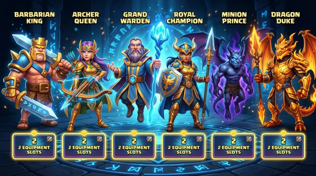 All six Clash of Clans heroes standing together - Barbarian King, Archer Queen, Grand Warden, Royal Champion, Minion Prince, and Dragon Duke - each with 2 equipment slots shown below them