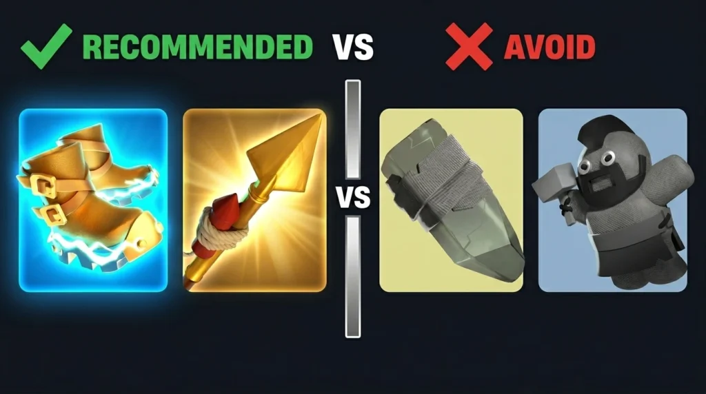 Royal Champion best equipment combo comparison - Electro Boots and Rocket Spear (Recommended) versus Royal Gem and Hog Rider Puppet (Avoid) in Clash of Clans 2026